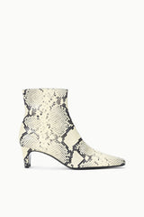 White snake-print ankle boots with side view, pointed toe, low heel