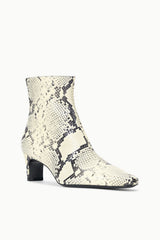 White snake-print ankle boots with short shaft and low heel