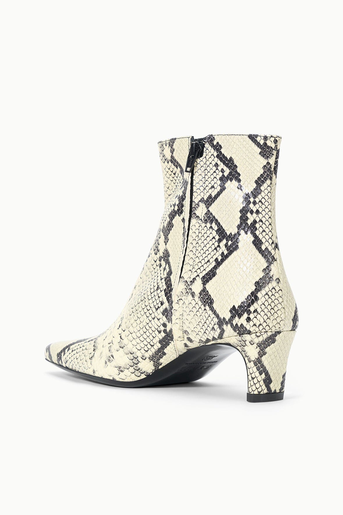 White snake-print ankle boots with pointed toe and low block heel