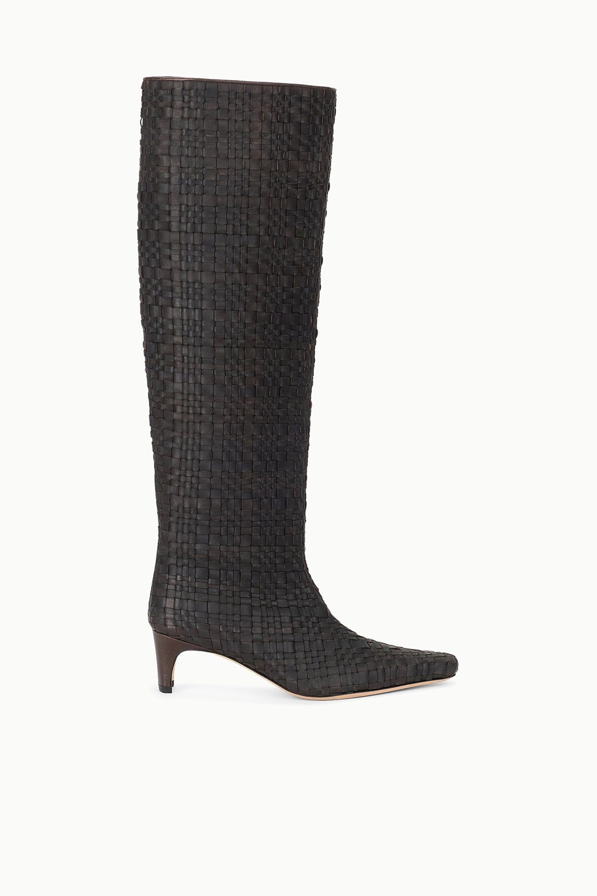 Woven leather tall boot with narrow pointed toe and low heel, dark espresso.