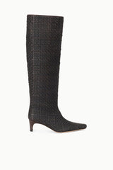 Woven leather tall boot with narrow pointed toe and low heel, dark espresso.