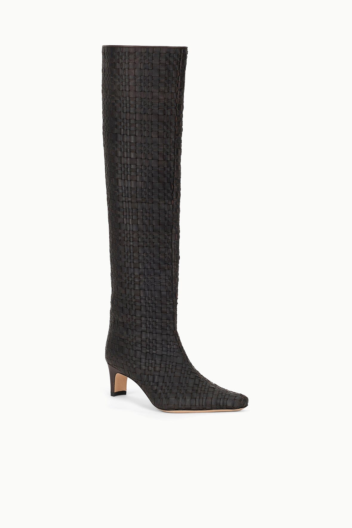 Woven leather tall boot with pointed toe and low heel, dark espresso brown.