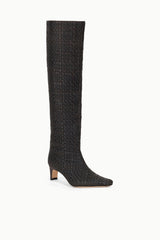 Woven leather tall boot with pointed toe and low heel, dark espresso brown.