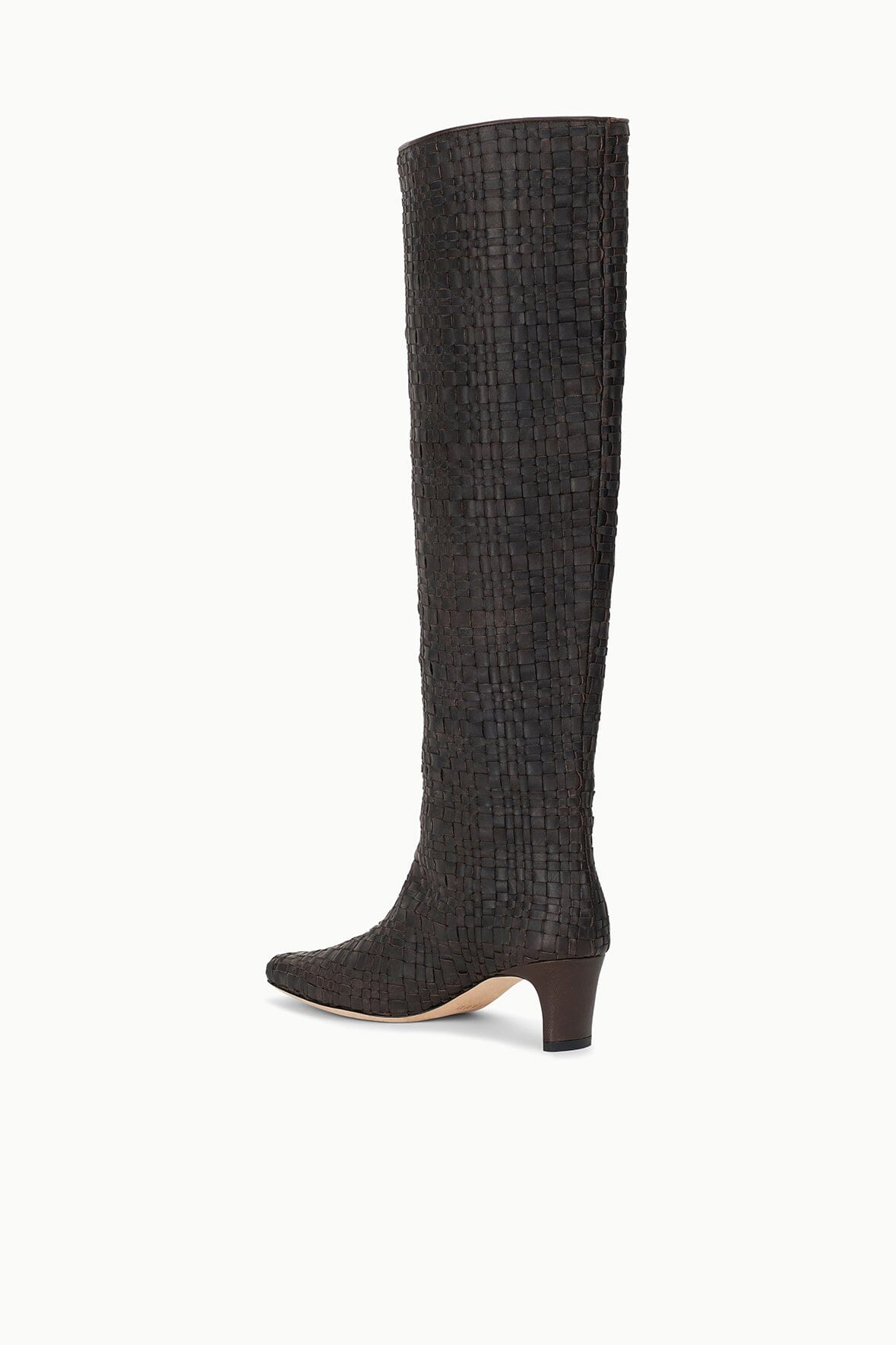 Mid-calf woven leather boot with pointed toe and low heel, dark espresso brown.