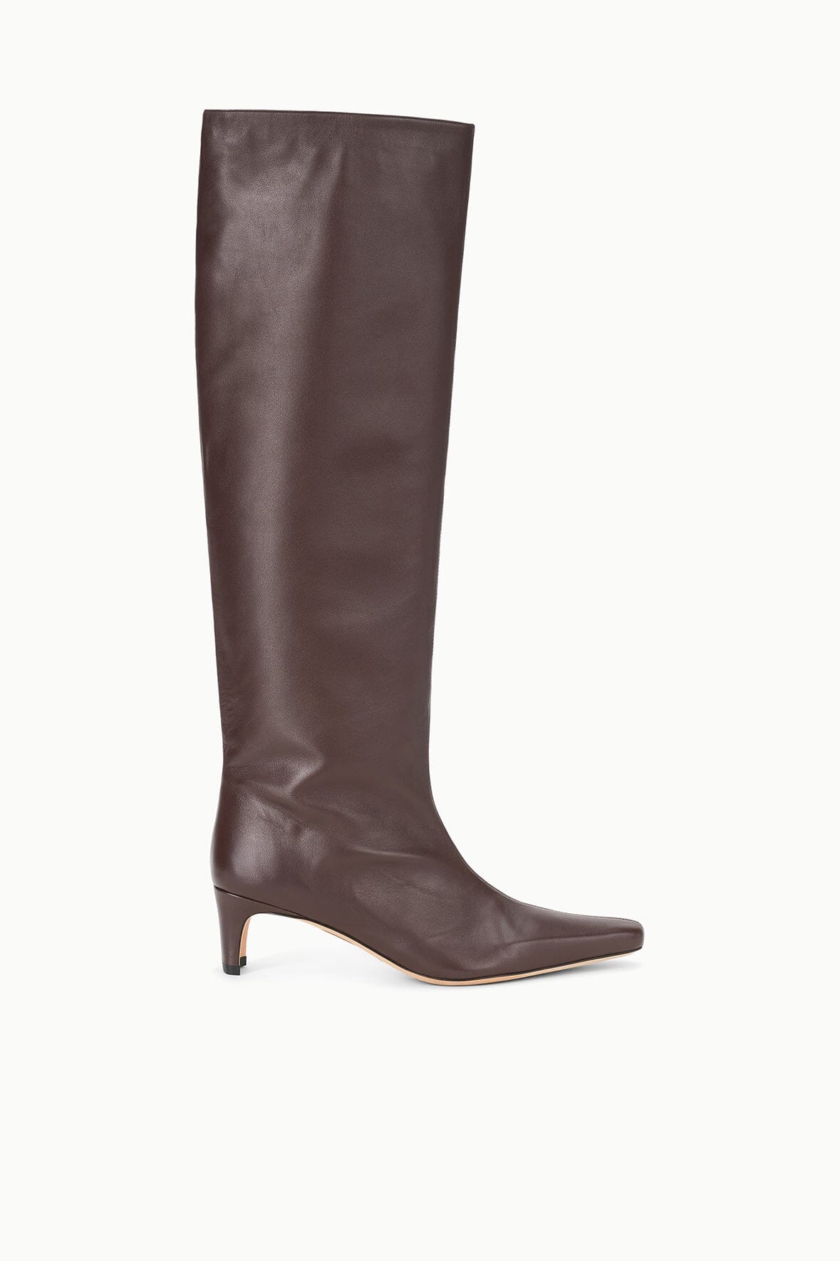 Espresso brown tall boots with pointed toe and low stacked heel