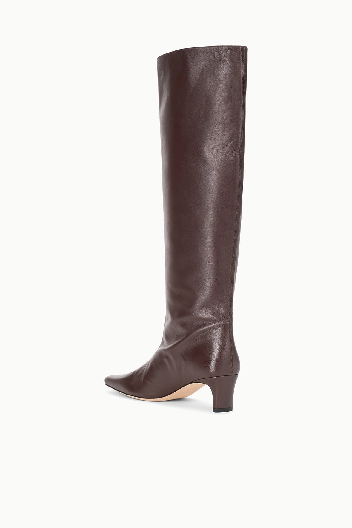 Espresso brown tall boots with pointed toe and low stacked heel