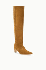 WALLY BOOT patchwork tan suede knee-high pull-on boots, side profile and heel