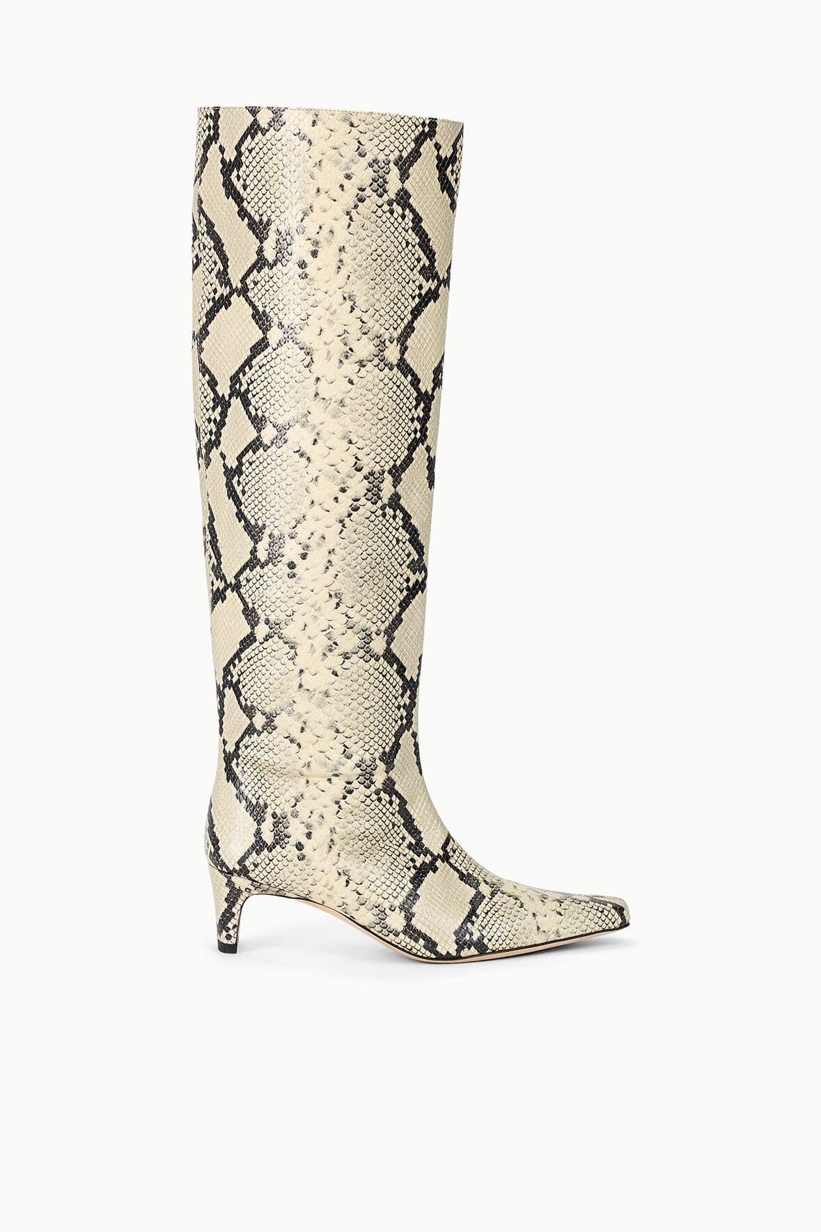 Knee-high snake-print boot with pointed toe and slim heel