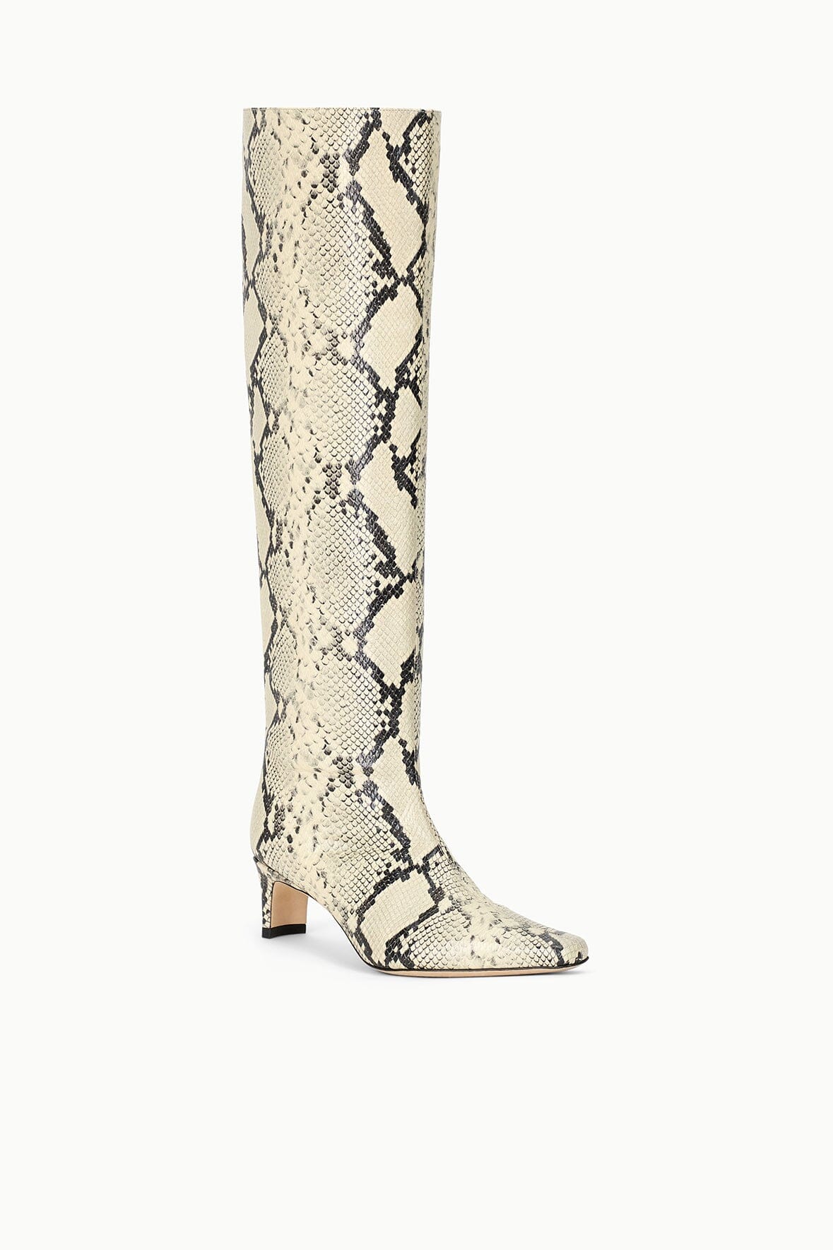 Knee-high snake-print boot with pointed toe and slim heel, angled view