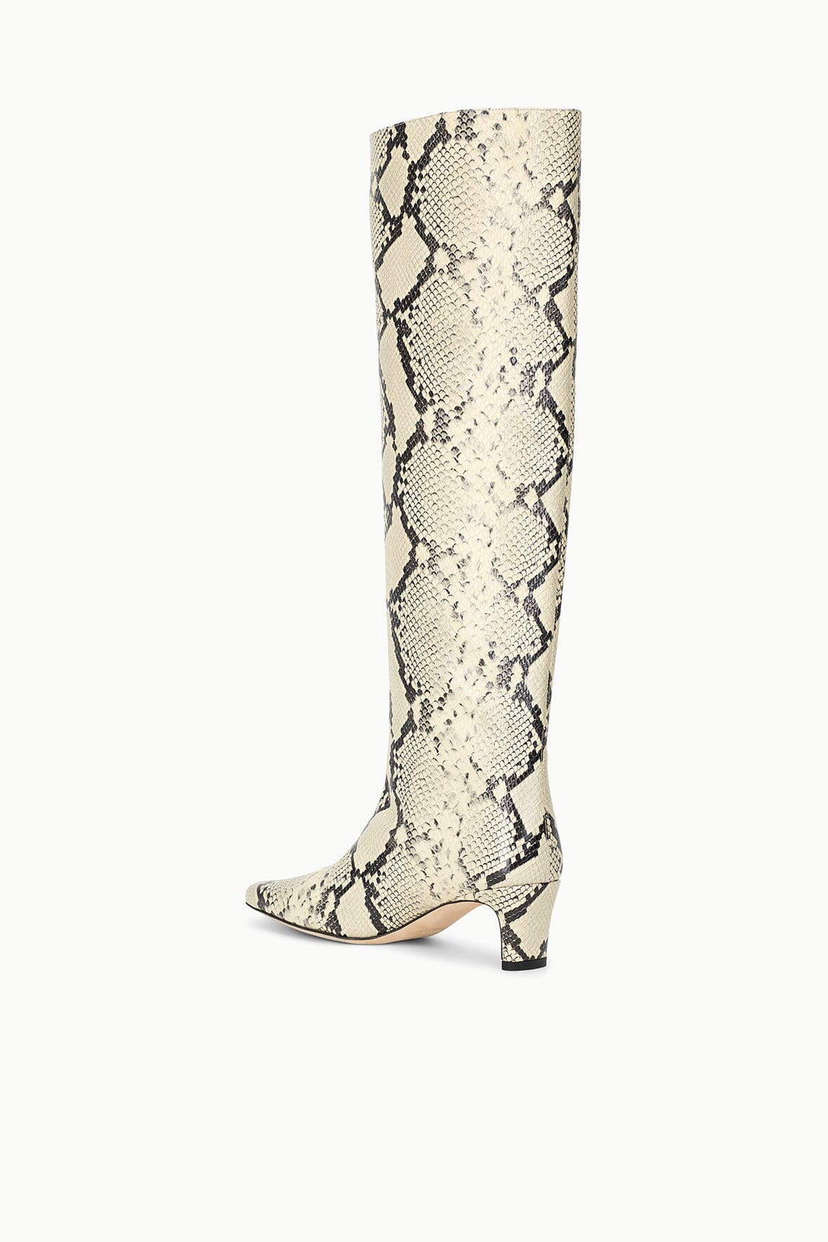 Knee-high snake-print boot with pointed toe and slim heel, heel side view