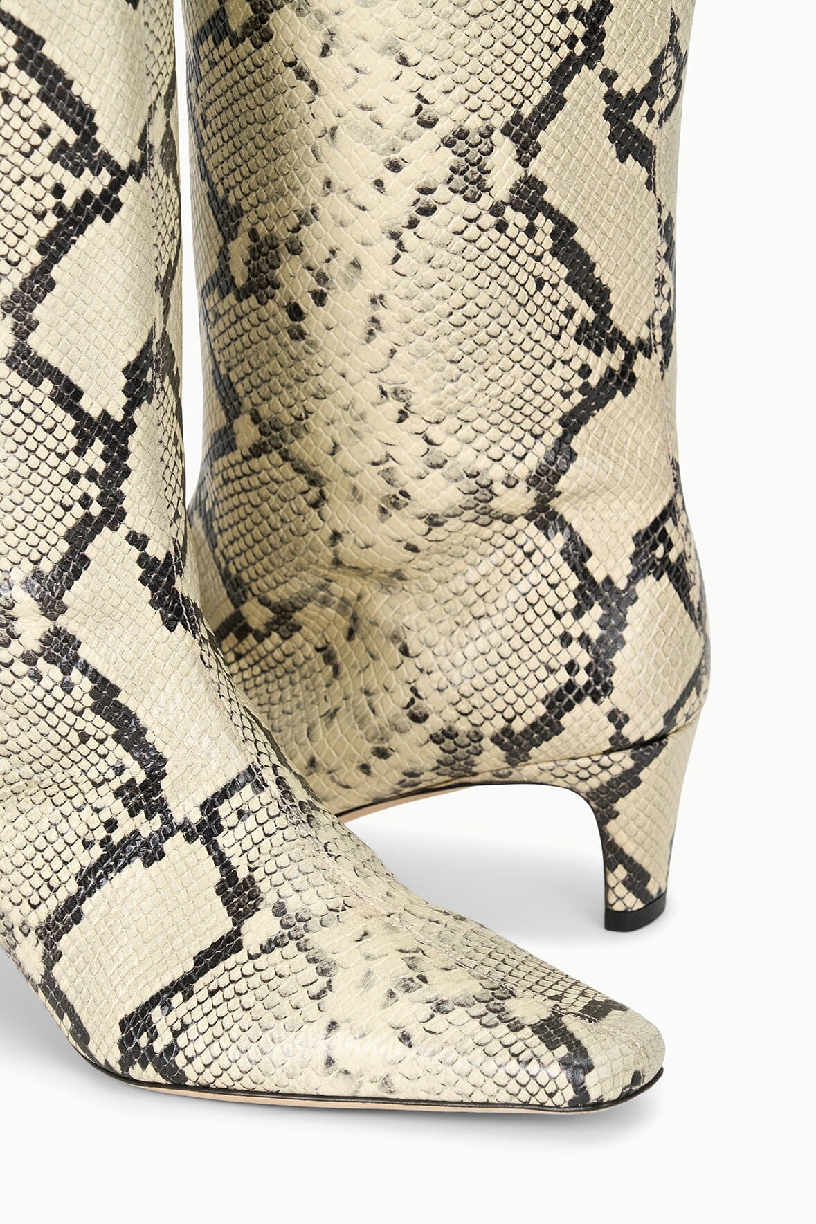 Knee-high snake-print boot with pointed toe and sculpted slim heel