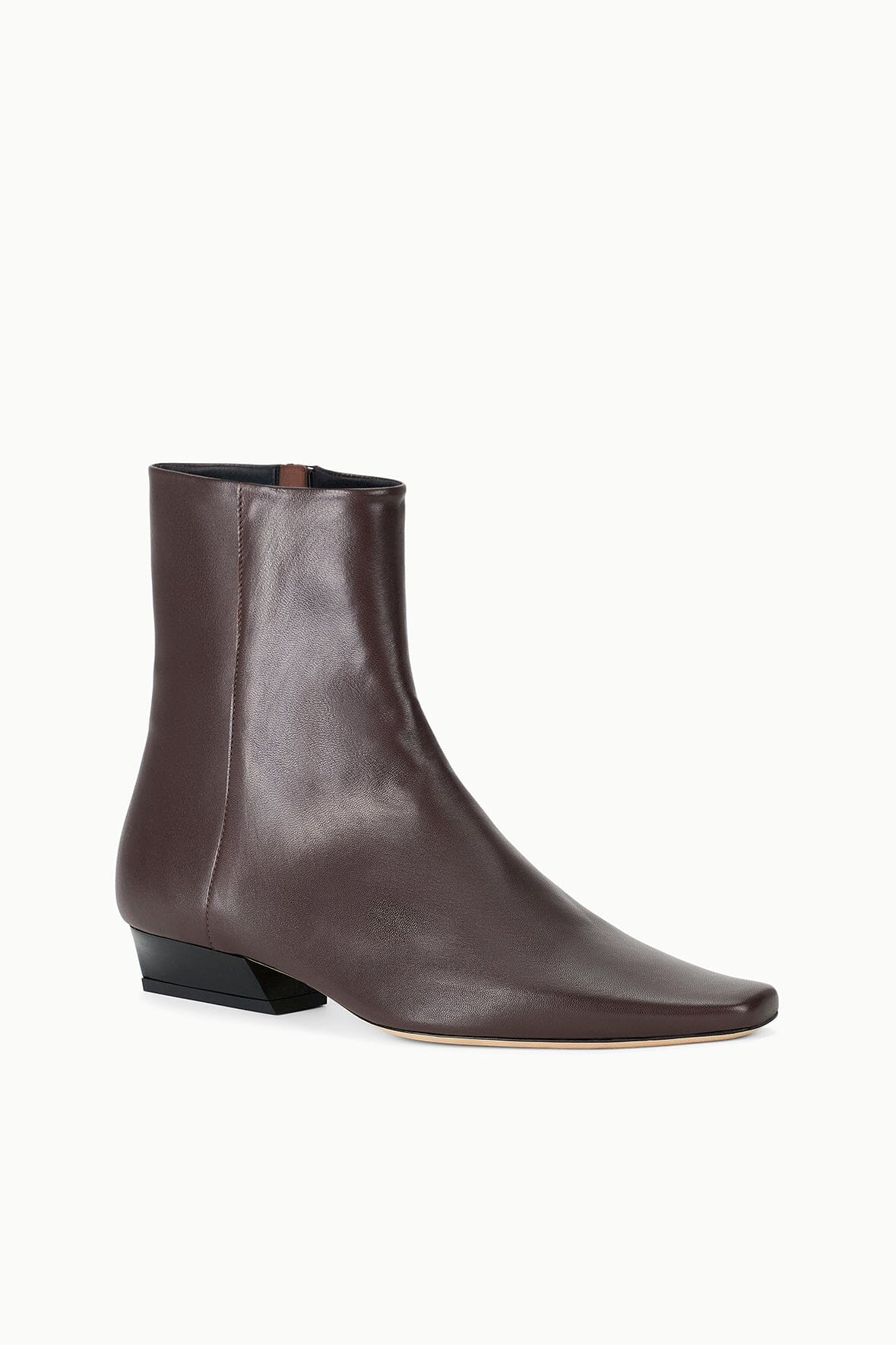 Espresso brown leather flat ankle boot with minimal seams and block heel