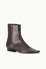 Espresso brown leather flat ankle boot with minimal seams and block heel