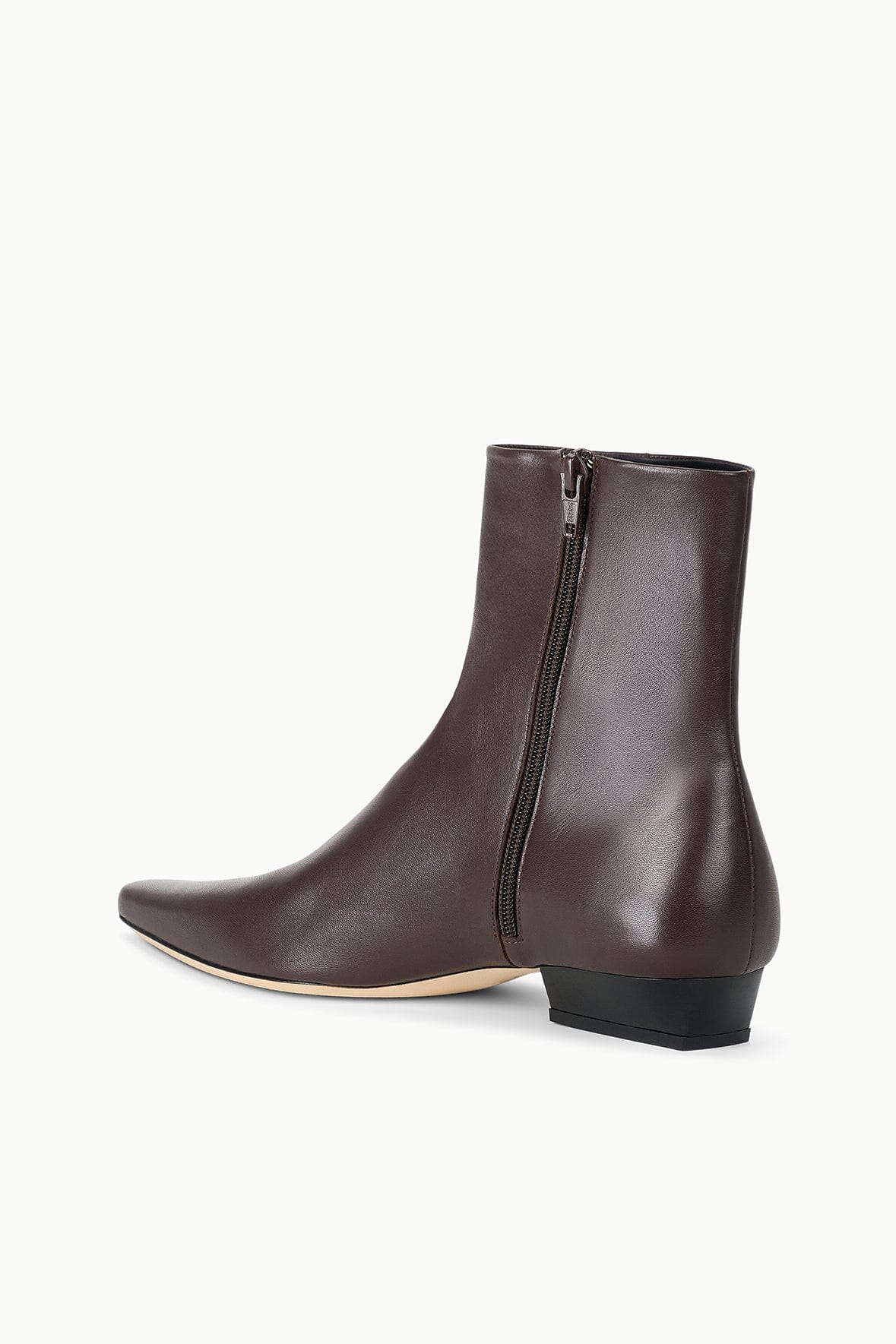 Espresso brown flat ankle boot with side zipper detail and low block heel