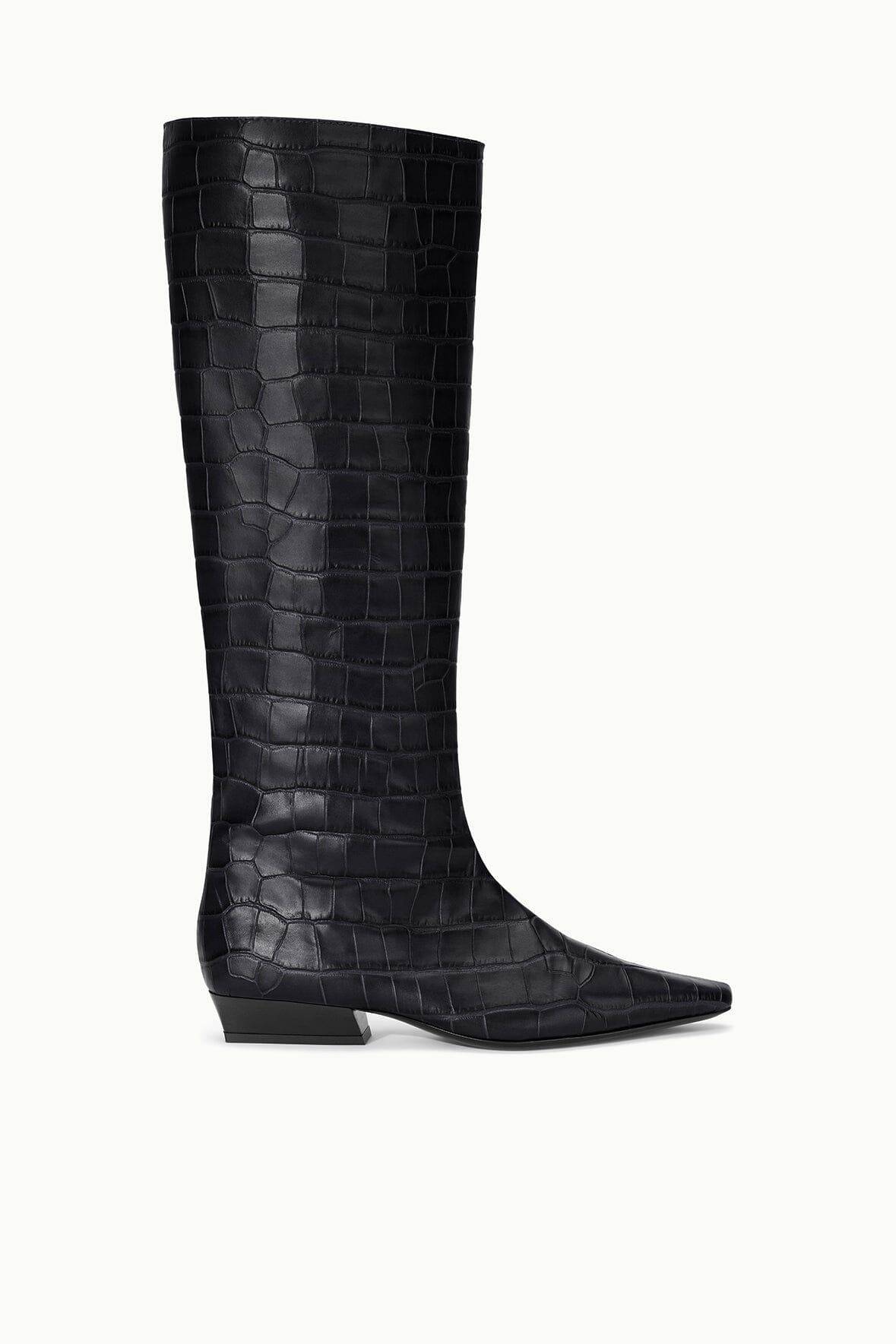 Black croc-embossed flat knee-high boot with pointed toe and stacked heel