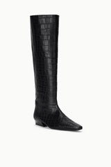 Black croc-embossed tall boot with pointed toe and low stacked heel