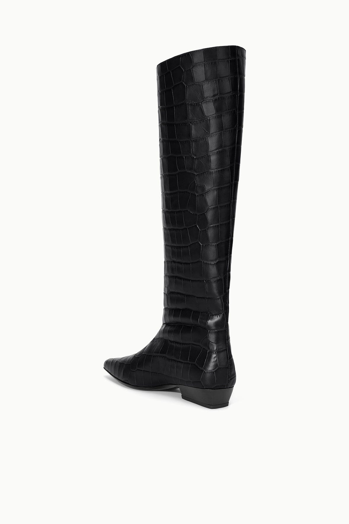 Black croc-embossed knee-high boot with pointed toe and low heel