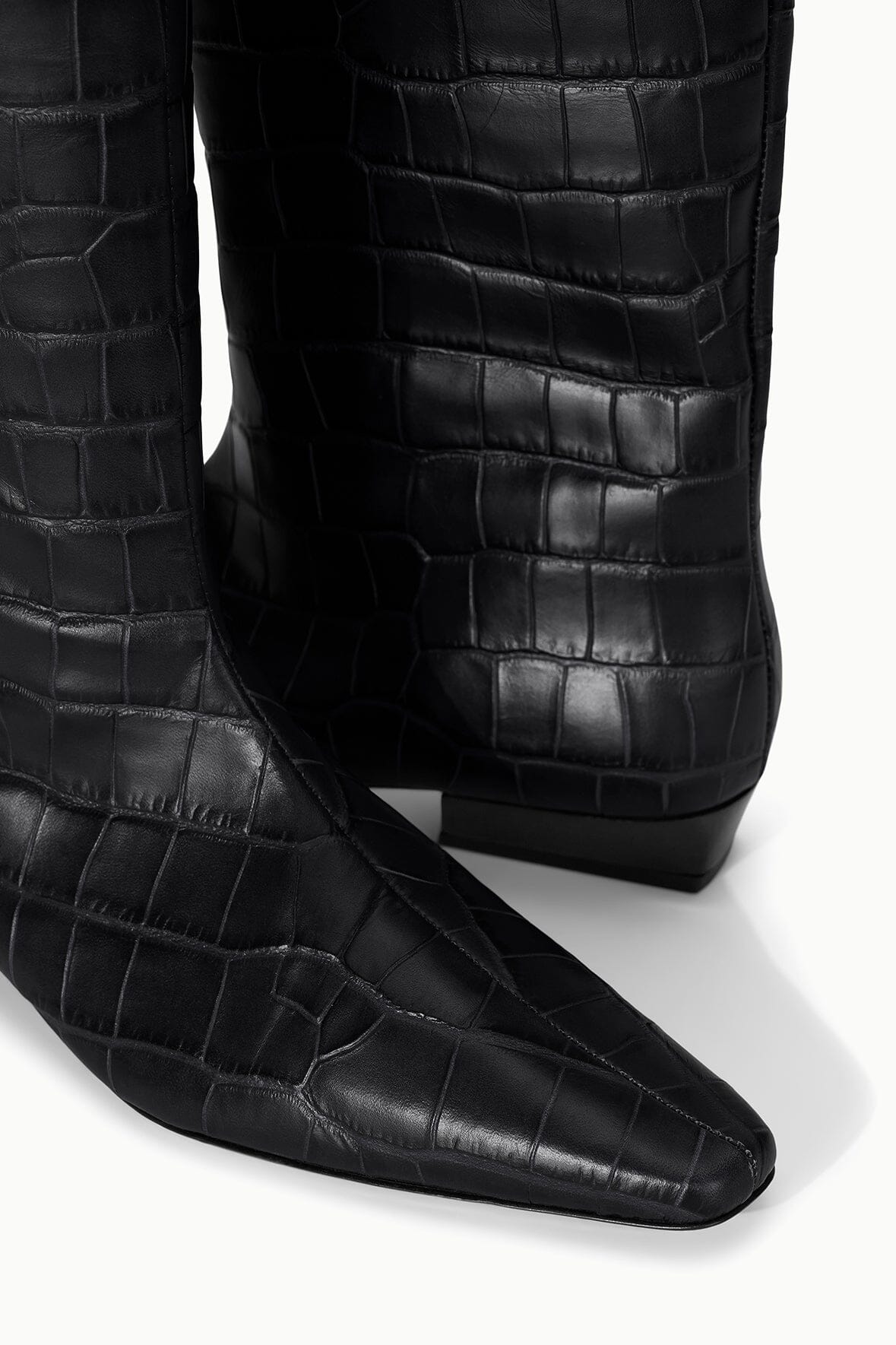 Black croc-embossed boot upper and pointed toe with low stacked heel