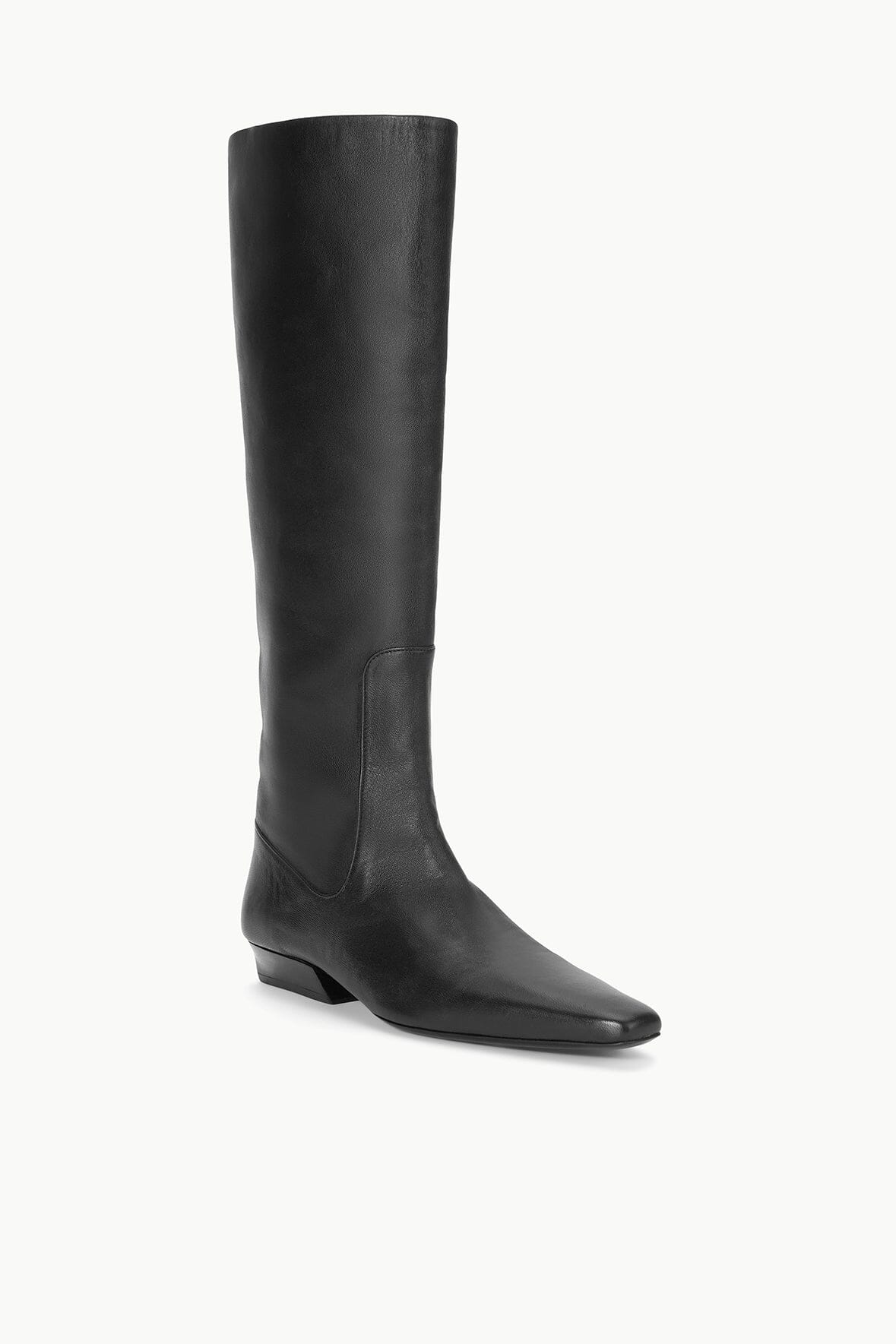 Black flat-heeled tall boot, side view with subtle seam detail