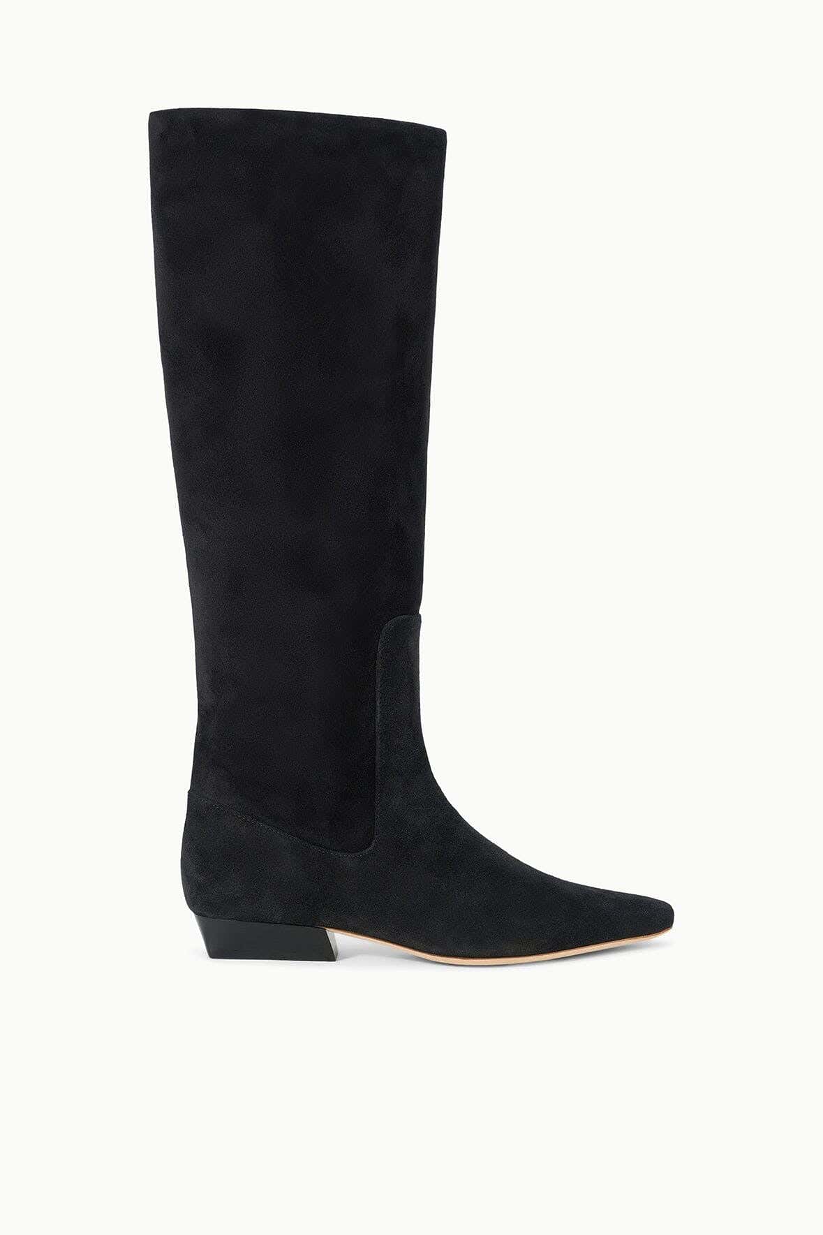 Black suede flat knee boot with low block heel and sleek side seam