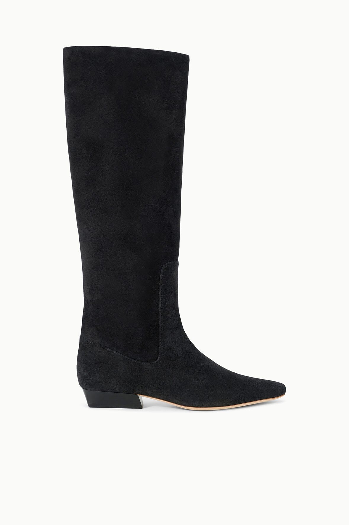 Black suede flat knee boot with low block heel and sleek side seam