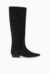Black suede flat knee boot with low block heel and sleek side seam