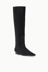 Black suede flat knee boot, smooth shaft and low block heel
