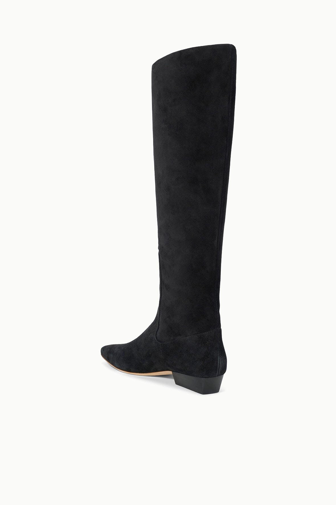 Black suede flat knee boot with rounded toe and low block heel profile
