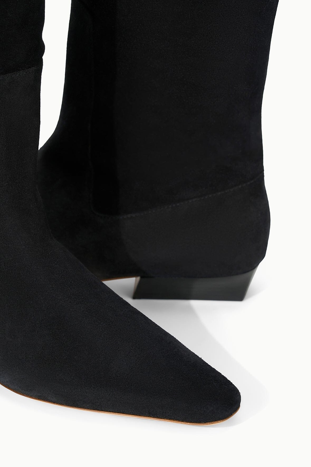 Black suede flat knee boot, pointed toe and low block heel