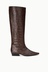 Espresso brown croc-effect tall flat boots with low heel and pointed toe