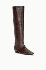 Espresso brown croc-effect tall flat boots, pointed toe, low block heel