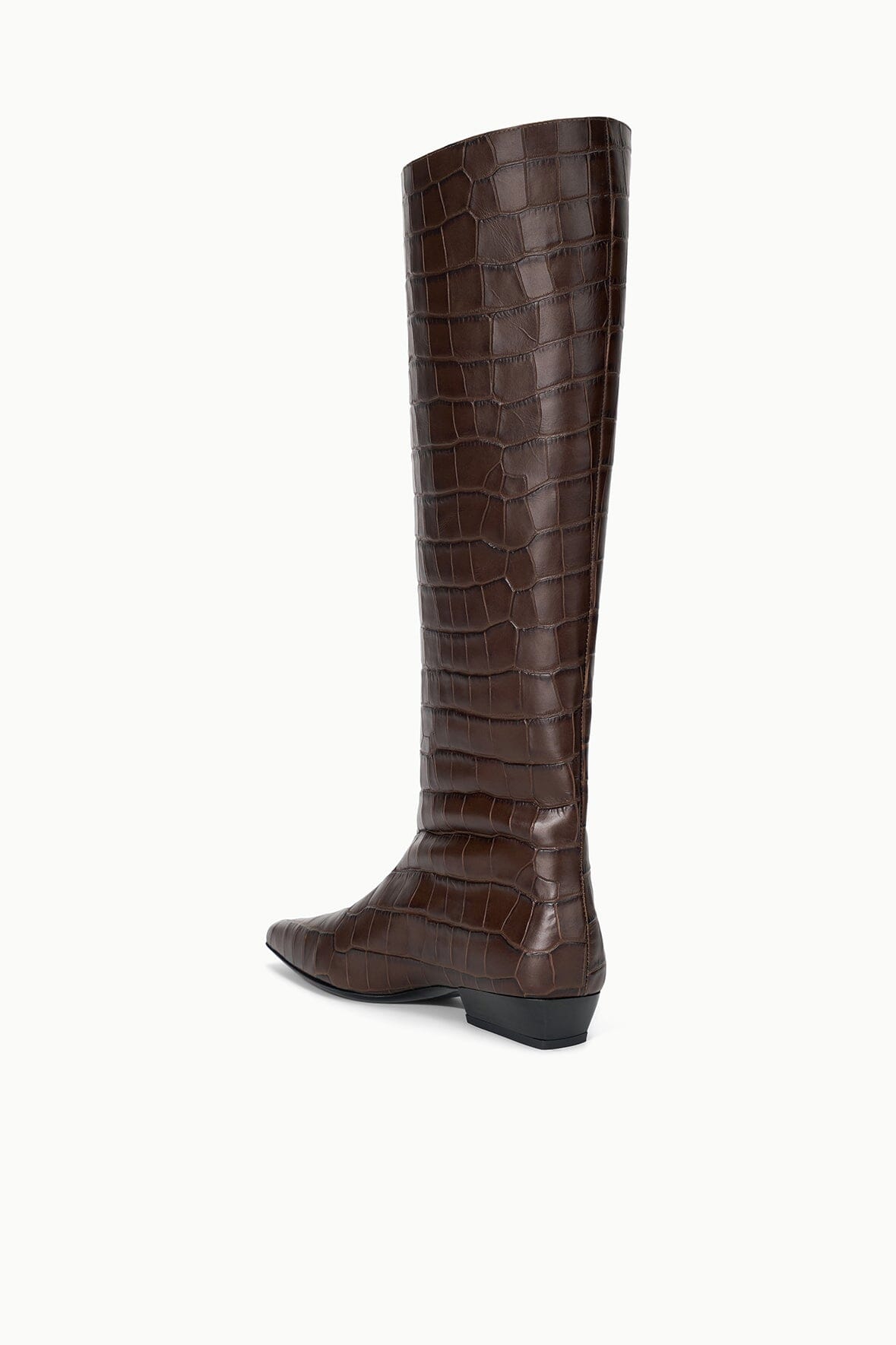 Espresso brown croc-effect tall flat boots with sleek mid-calf shaft and low heel