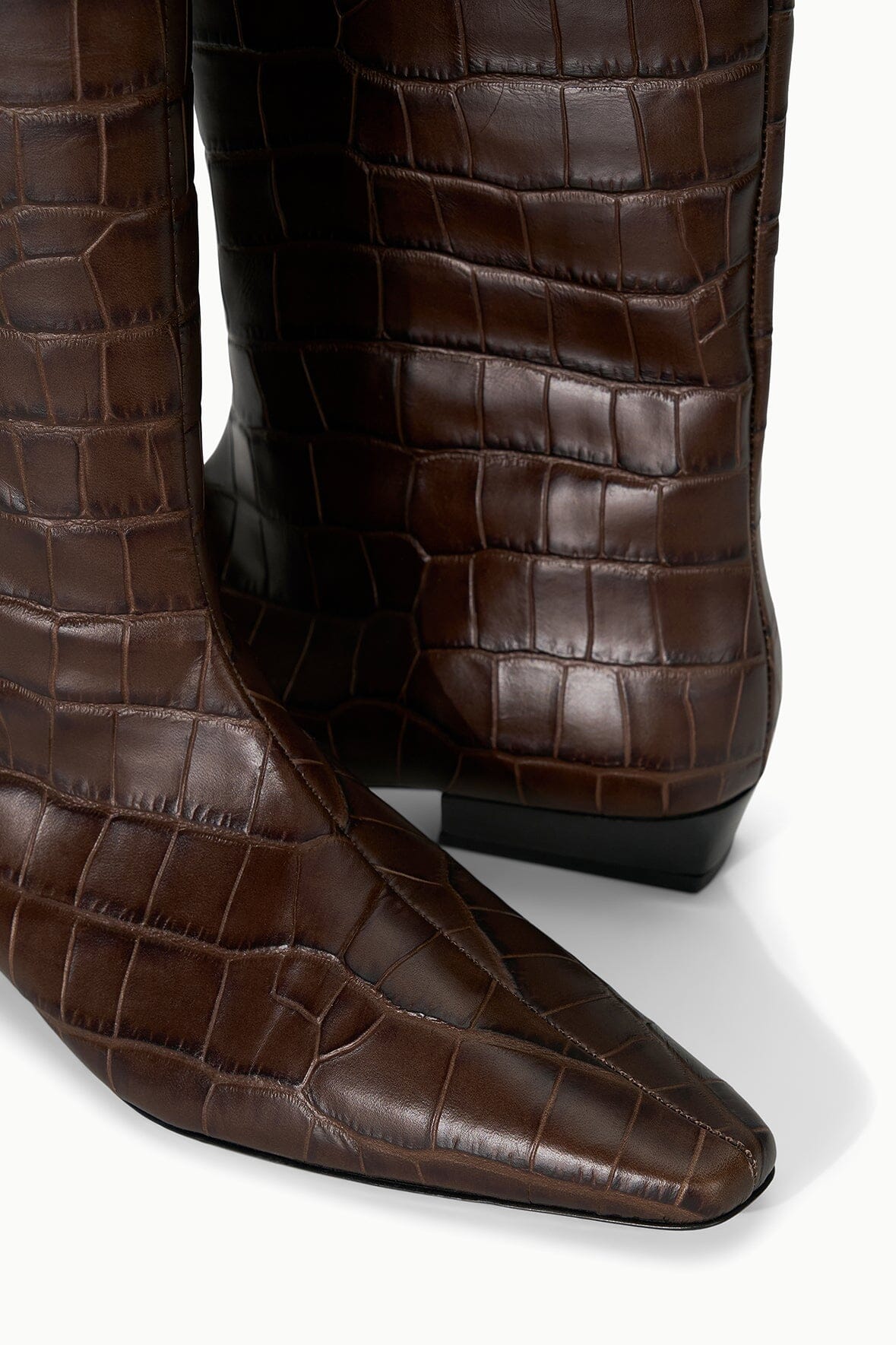 Espresso brown croc-effect tall boots with sculpted panels and stitched toe seam