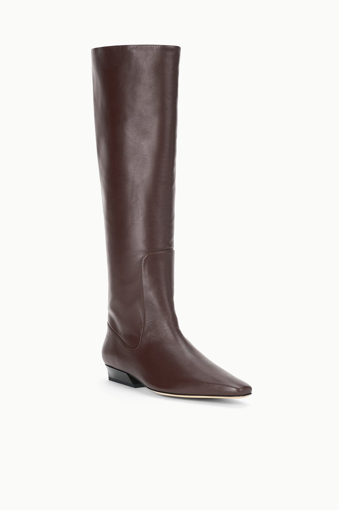 Tall espresso flat boot with pull-on shaft and low block heel