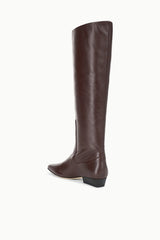 Espresso knee-high flat boot with rounded toe and low block heel