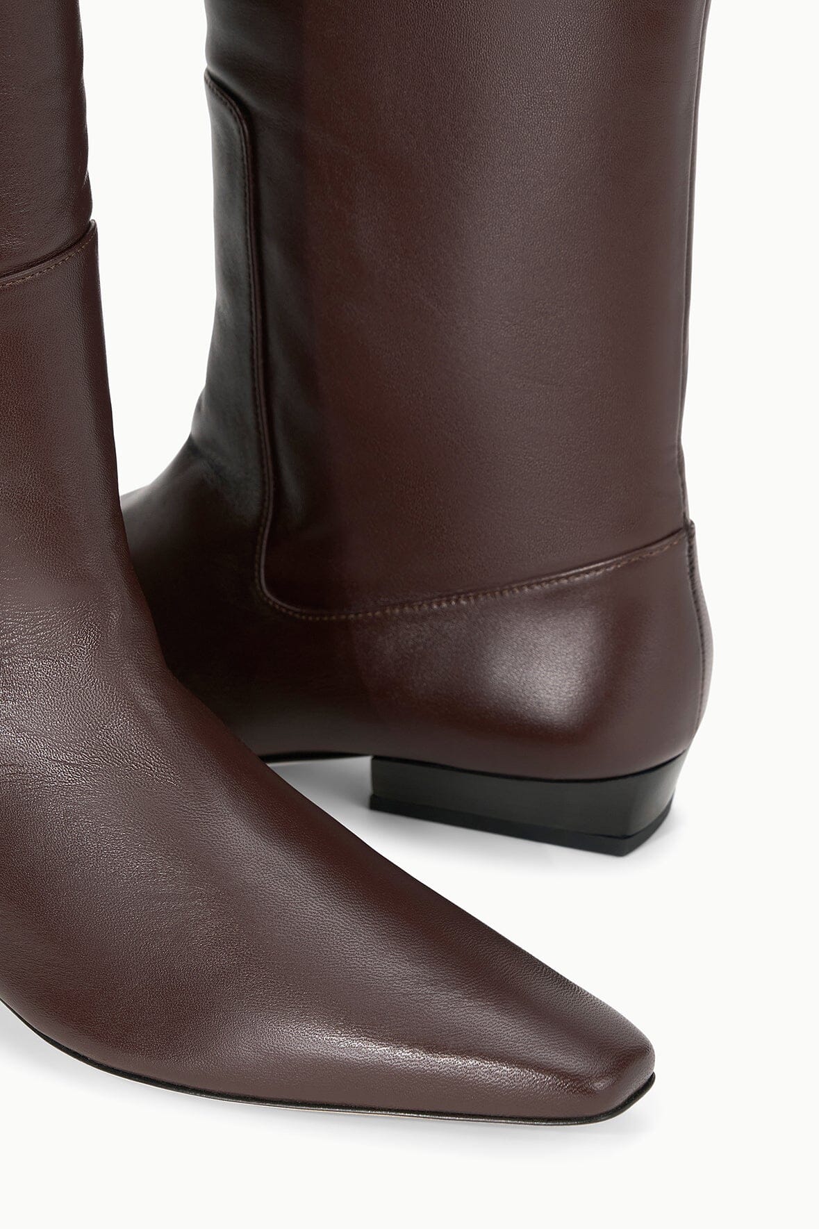 Espresso flat boot with stitched panel at ankle and low block heel