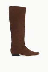 Wally flat suede boots, mahogany brown, full side profile with low block heel.