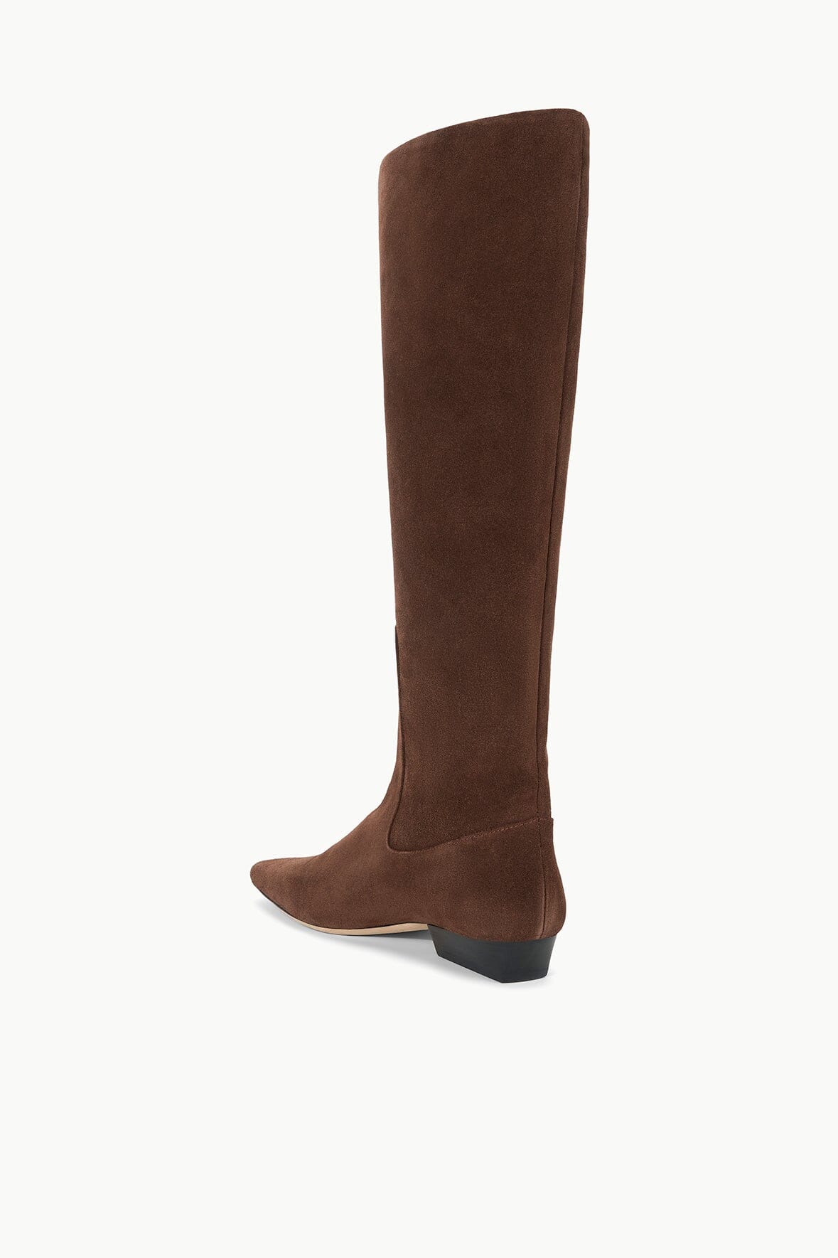 Wally flat suede boots in mahogany brown, back view with low dark heel.