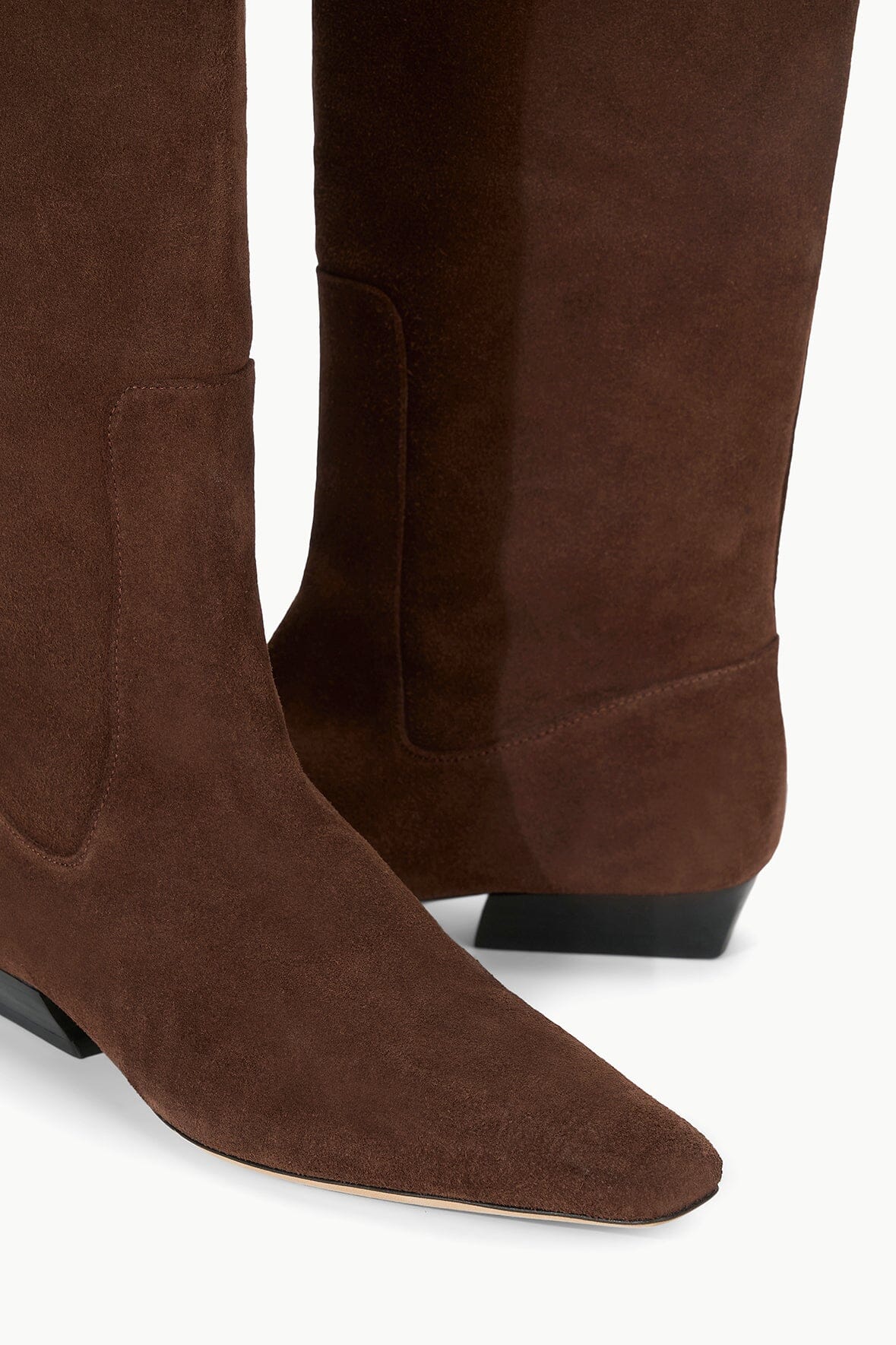 Wally flat suede boots in mahogany brown, toe and sole detail with low heel.