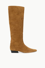 Tan suede flat knee-high boot with smooth upper and low stacked heel