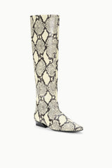 Snake-print flat mid-calf boot with pointed toe and pull-on shaft