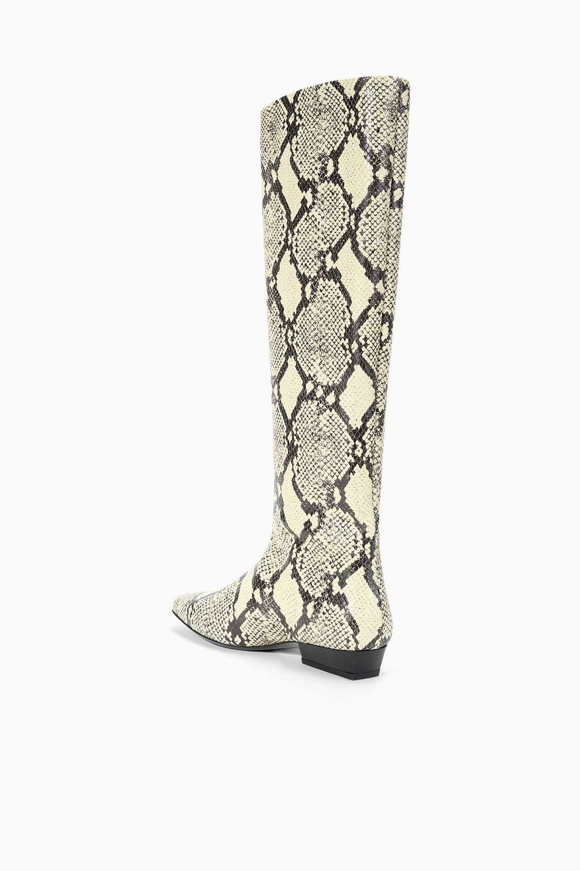 Snake-print flat mid-calf boot with low block heel and pointed toe