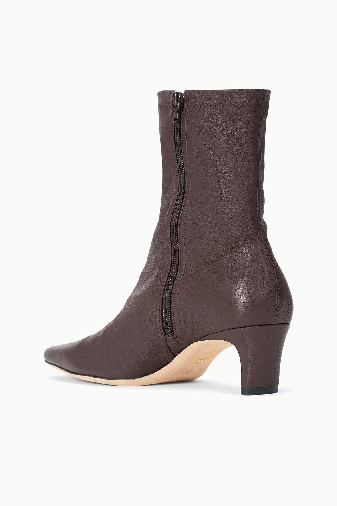 Espresso dark brown sock ankle boot with full-length zipper and mid block heel