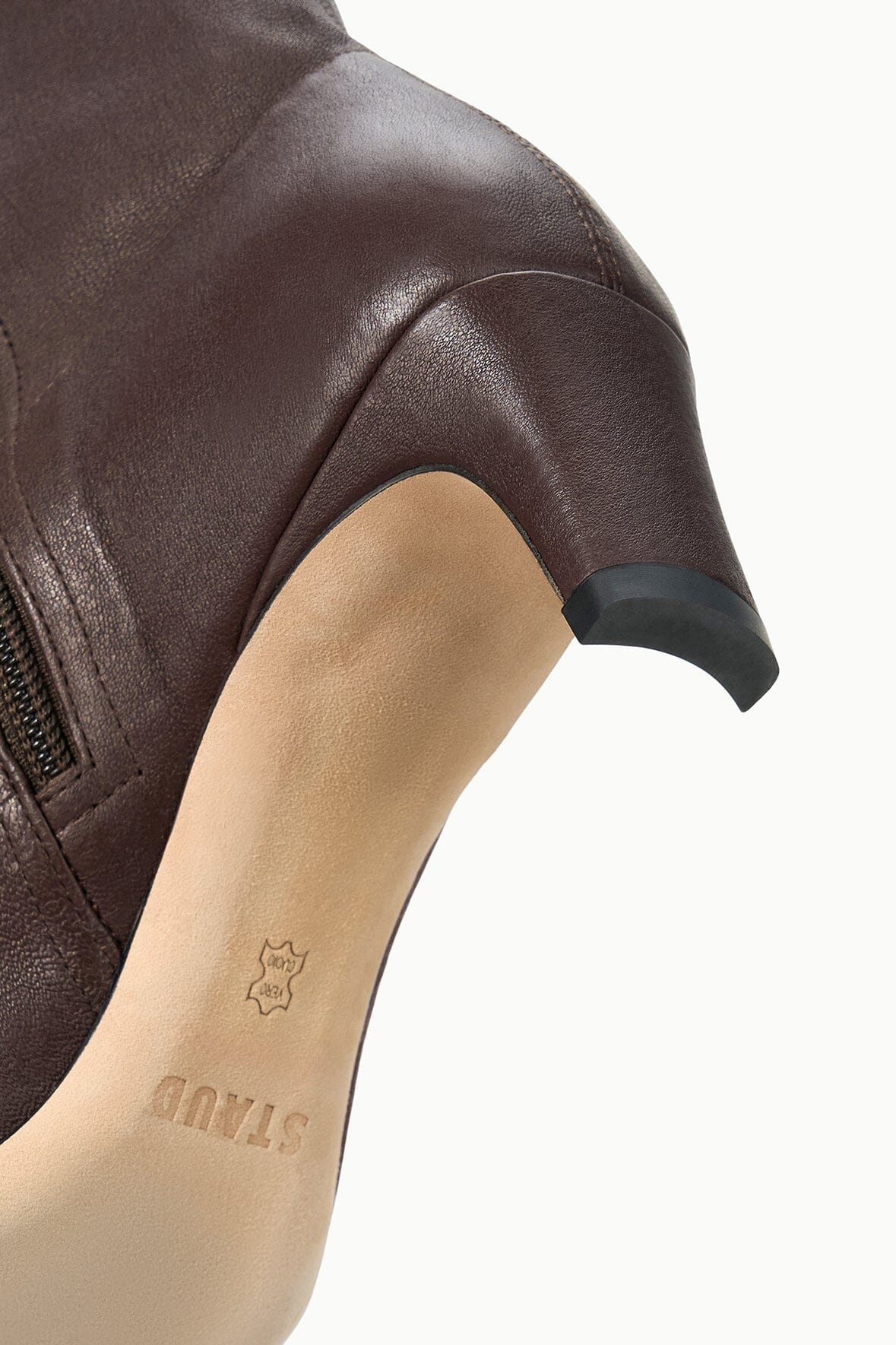 Close-up of espresso dark brown sock ankle boot upper with smooth leather finish