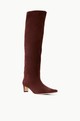 Mahogany suede tall boot with pointed toe and low block heel