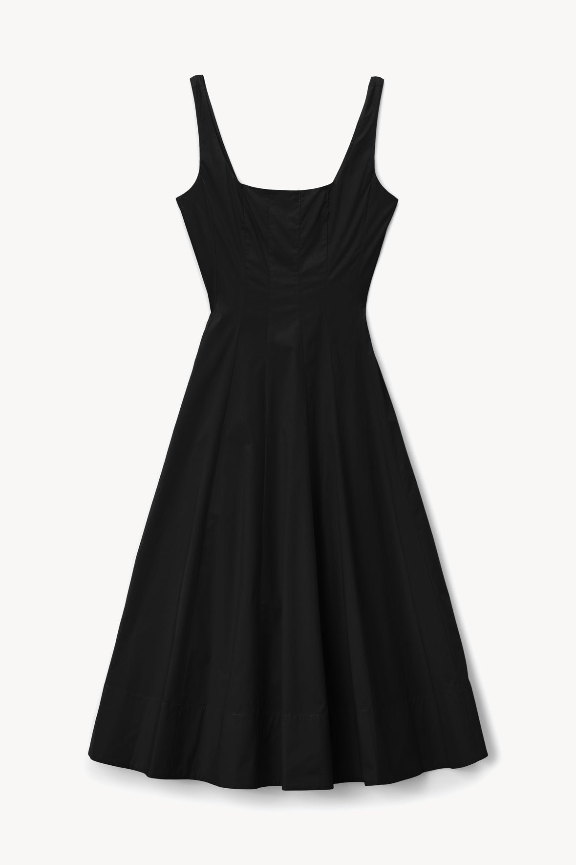 Black sleeveless A-line dress with square neckline and gathered flared skirt