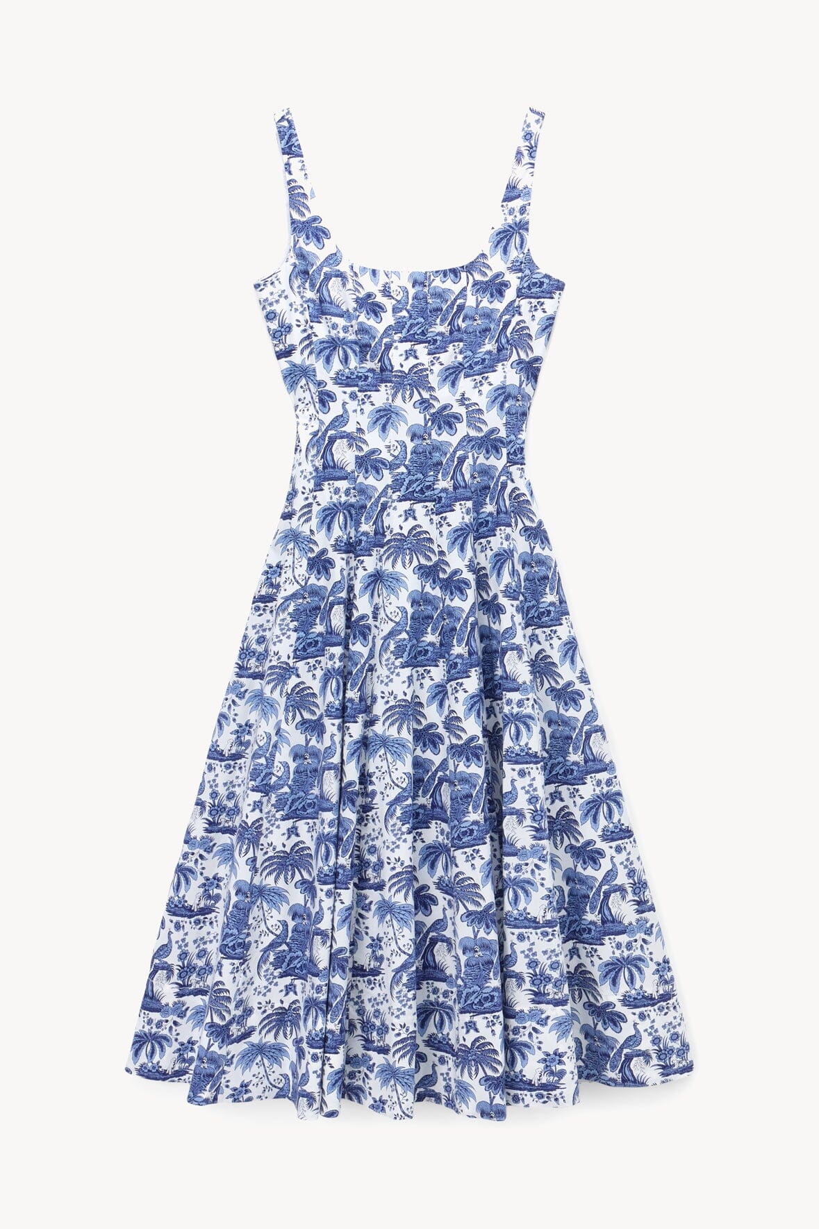Blue toile print sundress with square neckline, thin straps, tiered skirt