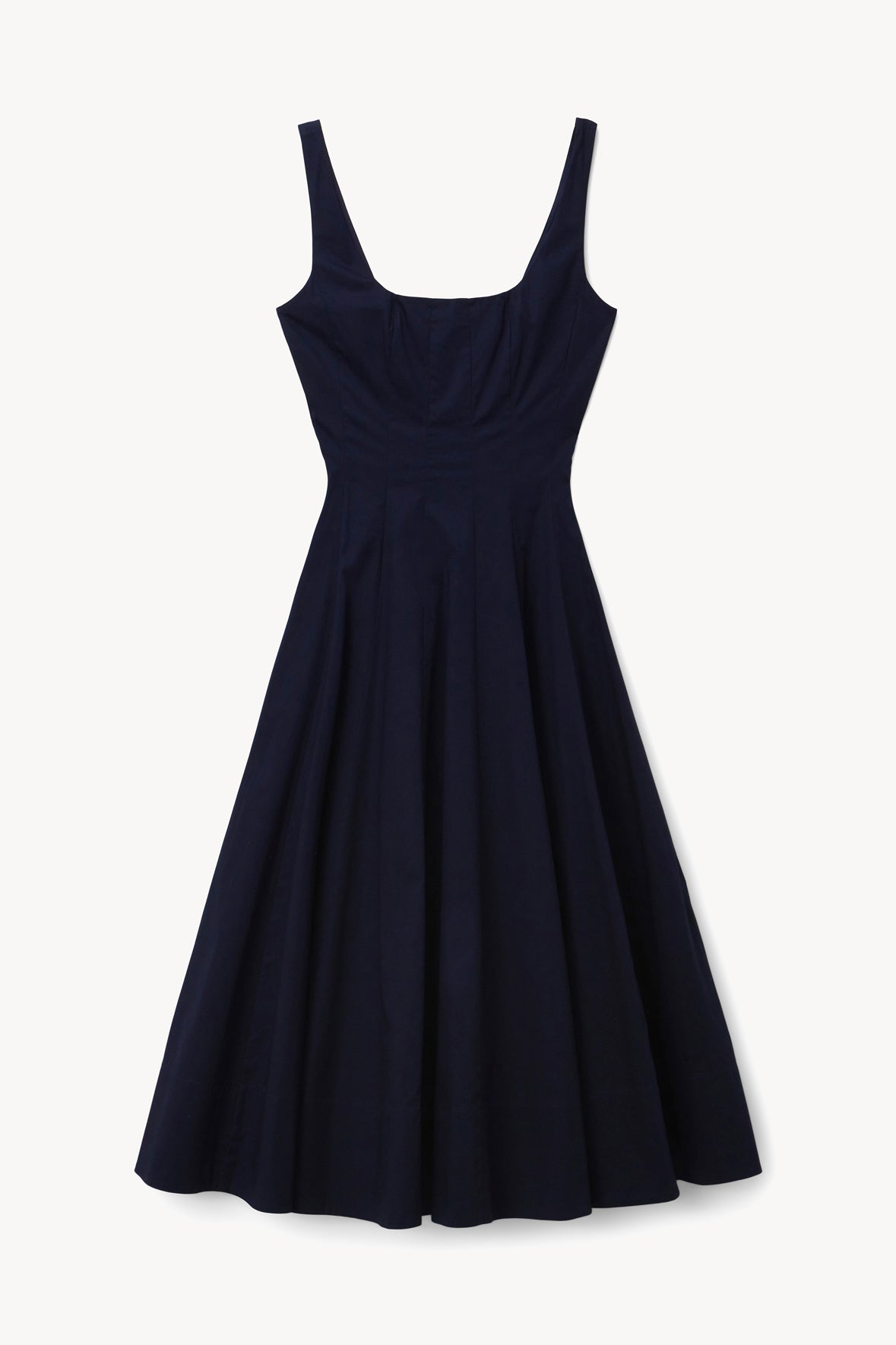 Navy sleeveless fit-and-flare dress, square neckline and pleated skirt