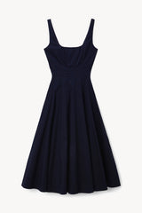 Navy sleeveless fit-and-flare dress, square neckline and pleated skirt