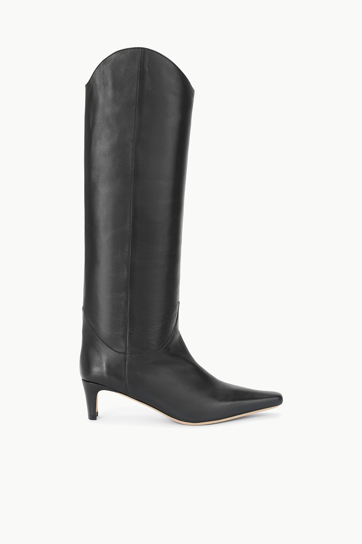 Black tall western boot with pointed toe and low stacked heel